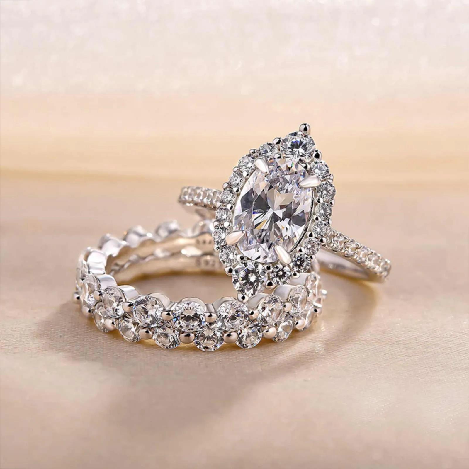 1.00 CT Oval Halo Moissanite Engagement Ring sets