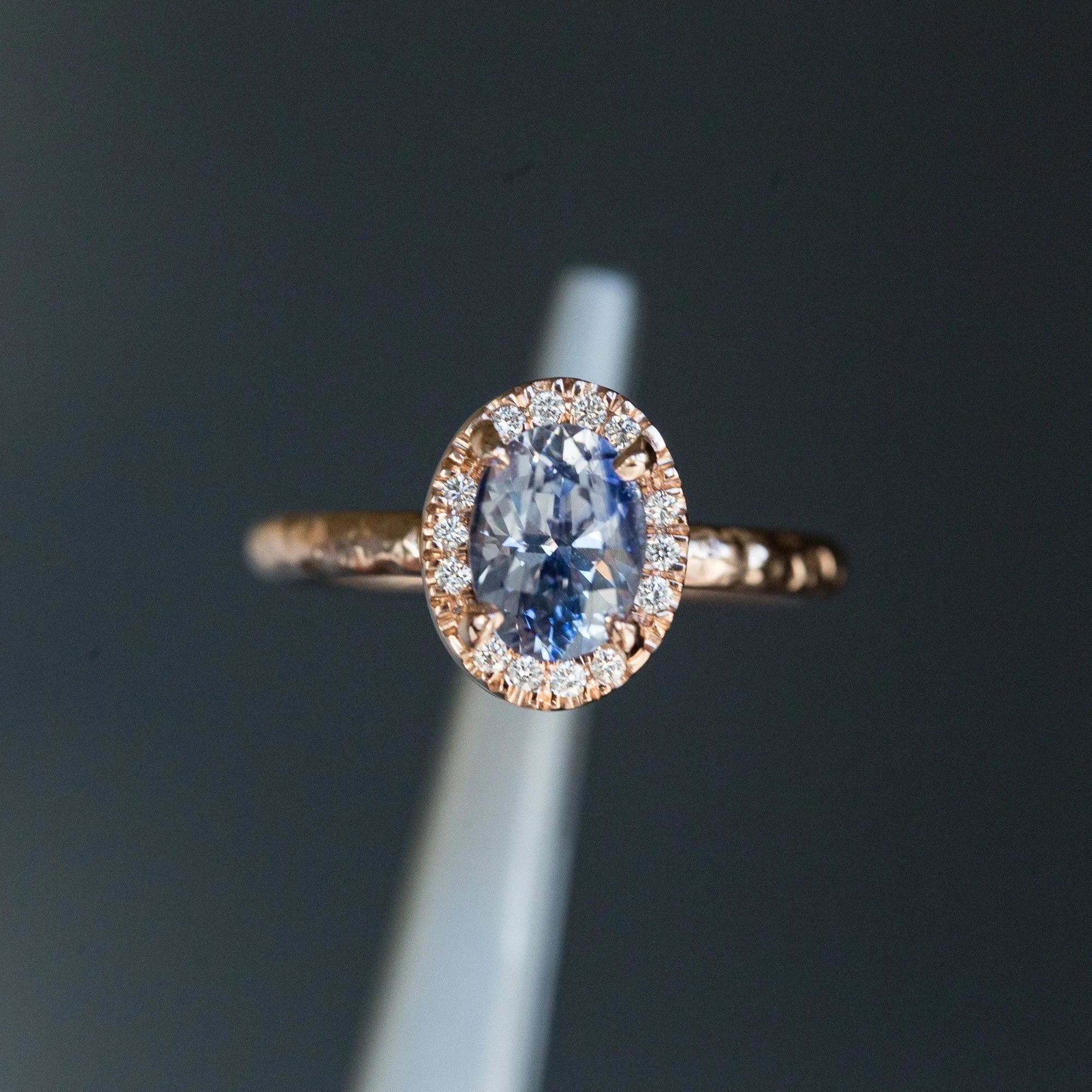 1.76ct Oval Watercolor Blue Sapphire in Halo 14k Rose Gold Evergreen Setting