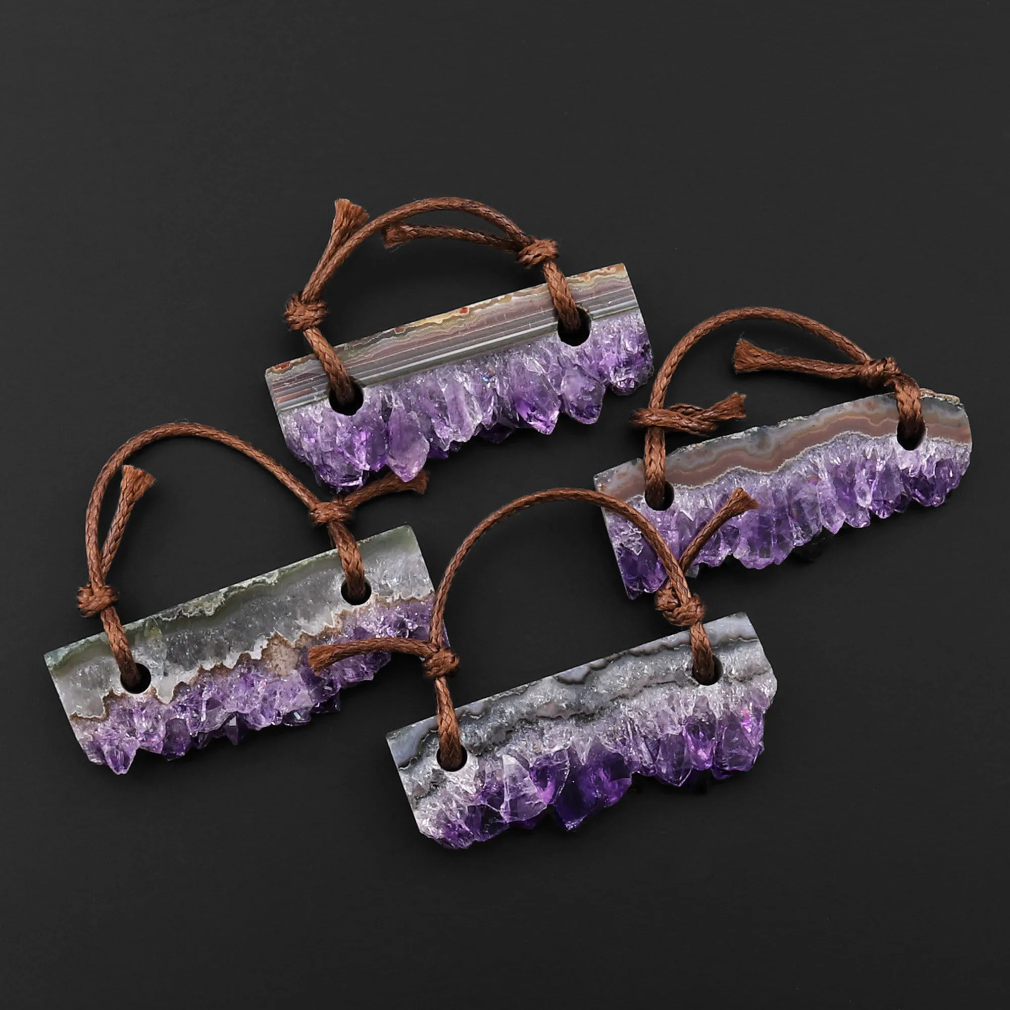 2 Hole Pendant Natural Purple Amethyst Crystal Stalactite Druzy Slender Rectangle
