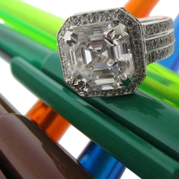 4 Carat High Quality Asscher Cut Cubic Zirconia Halo Engagement Ring 3 Rows of Pave Sides 14K White Gold