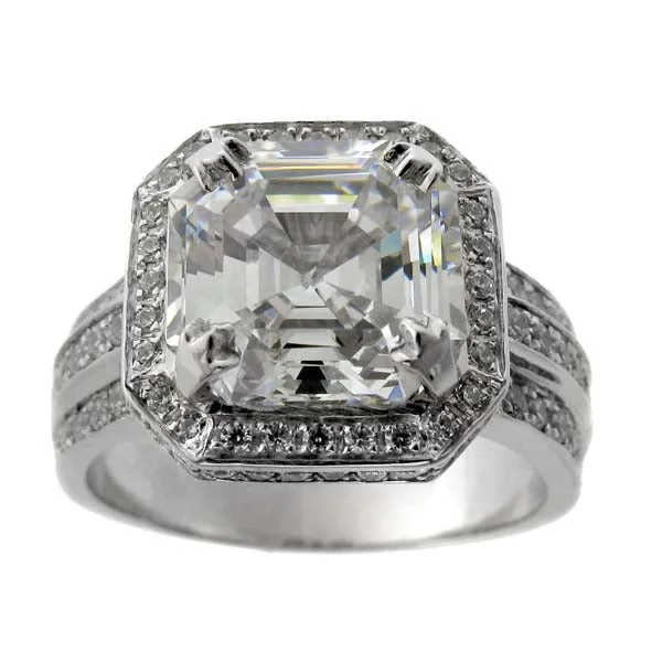 4 Carat High Quality Asscher Cut Cubic Zirconia Halo Engagement Ring 3 Rows of Pave Sides 14K White Gold