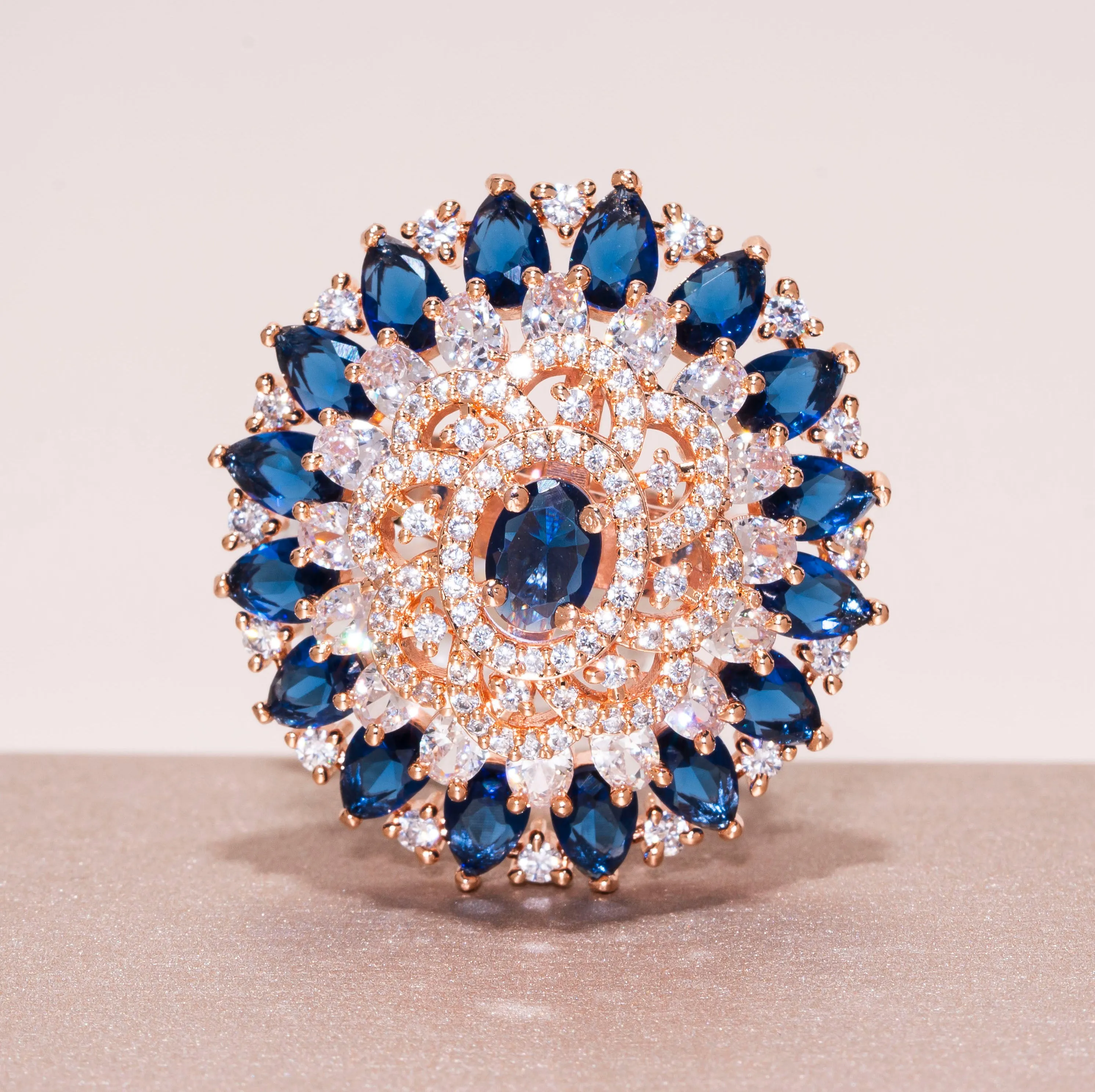 Aya Sapphire Blue Rose Gold Indian Jewelry Cocktail Ring by Jaipur Rose