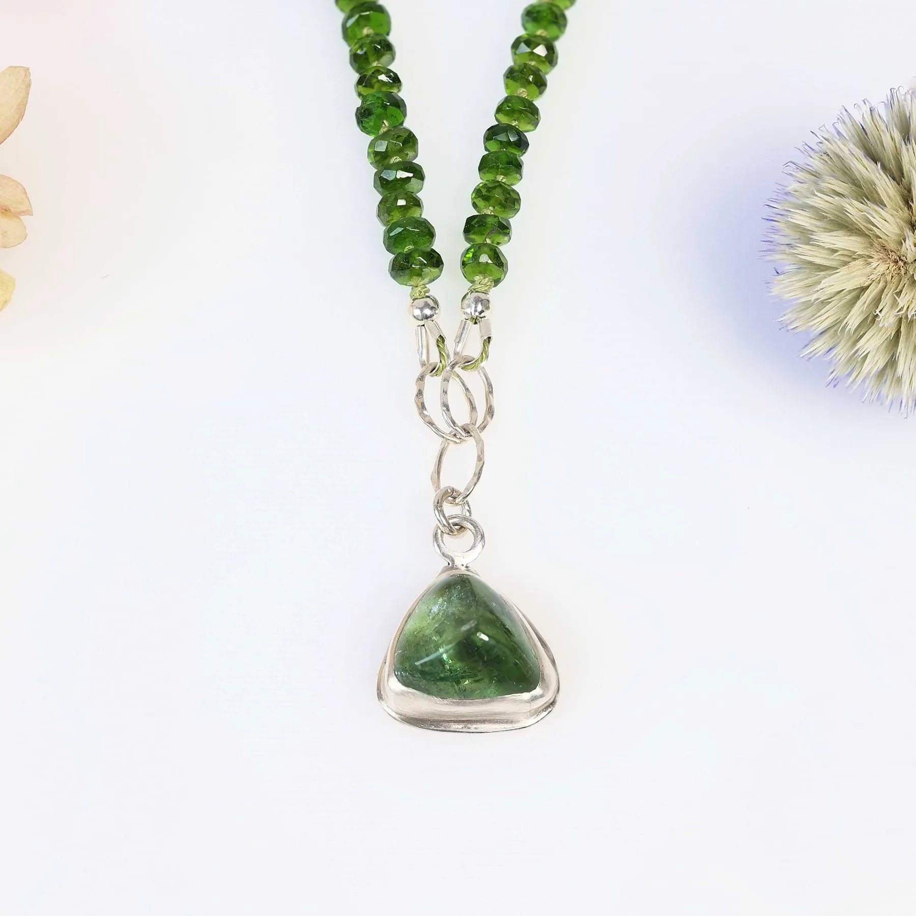 Enchanted Garden - Green Tourmaline and Chrome Diopside Silver Silk Knotted Necklace