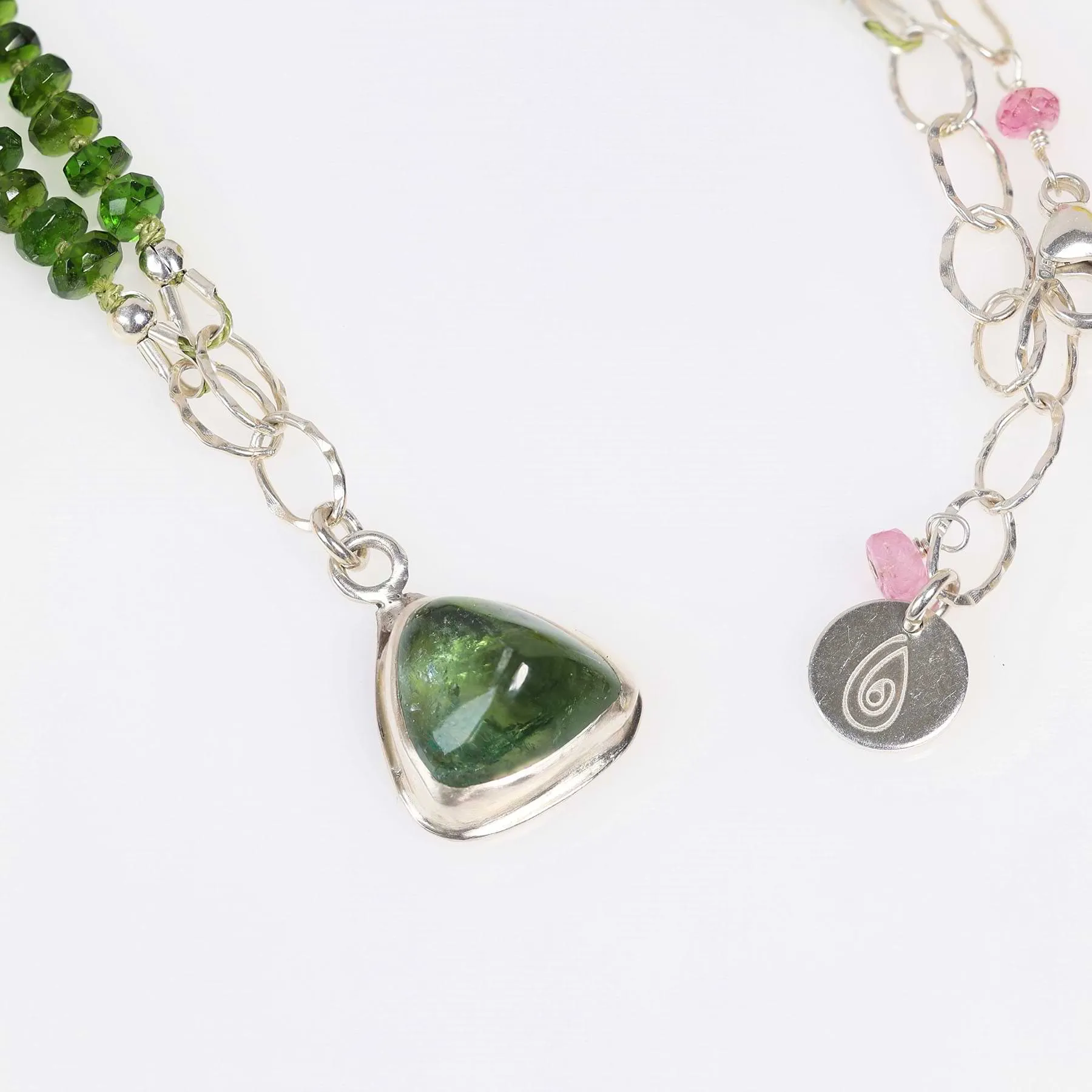 Enchanted Garden - Green Tourmaline and Chrome Diopside Silver Silk Knotted Necklace