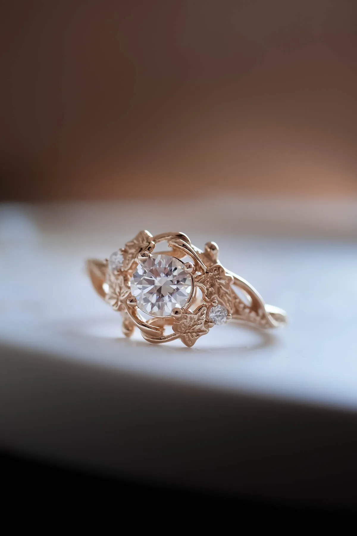Lab grown diamond engagement ring, gold leaves ring / Ivy Undina