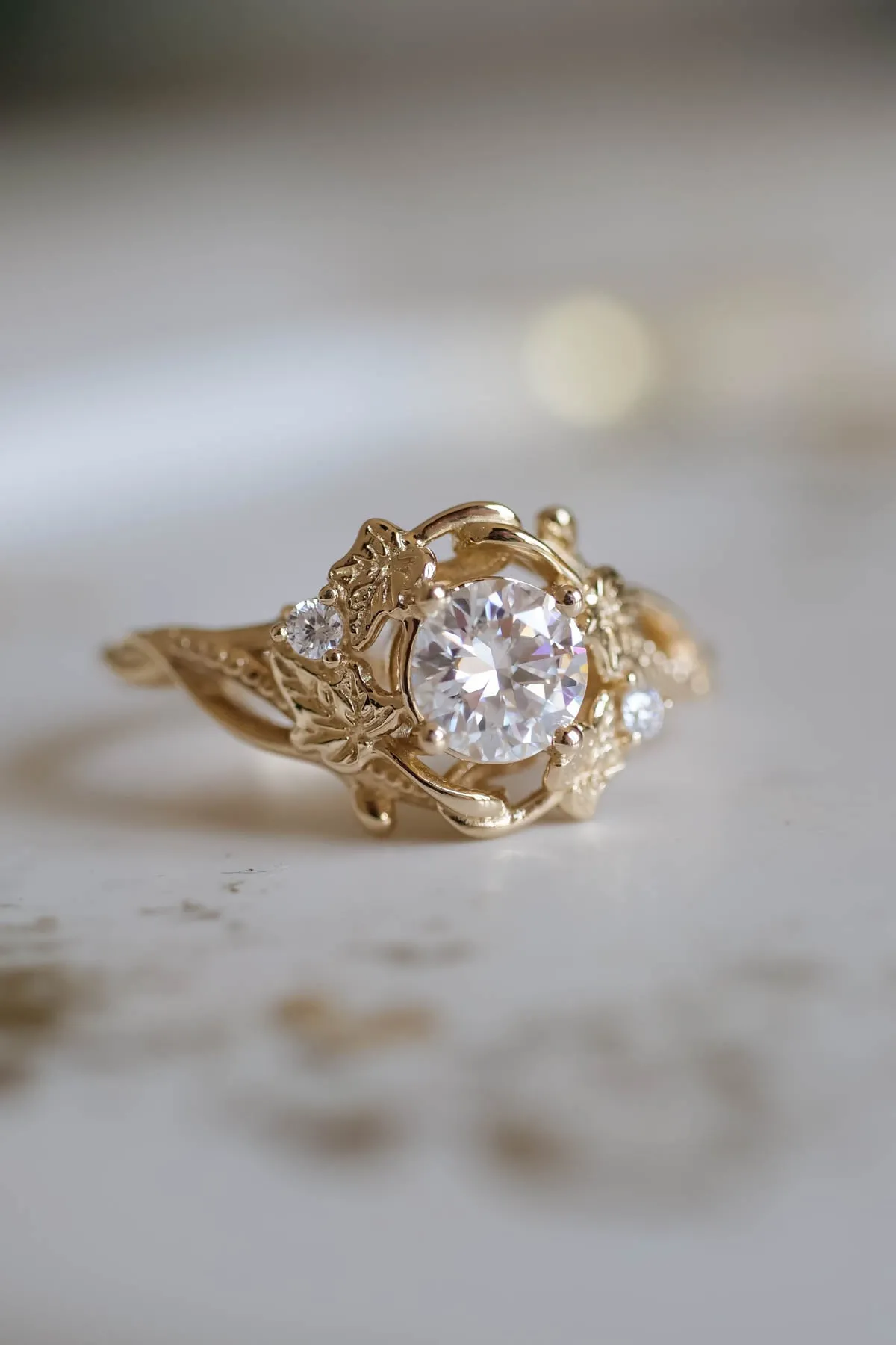 Lab grown diamond engagement ring, gold leaves ring / Ivy Undina