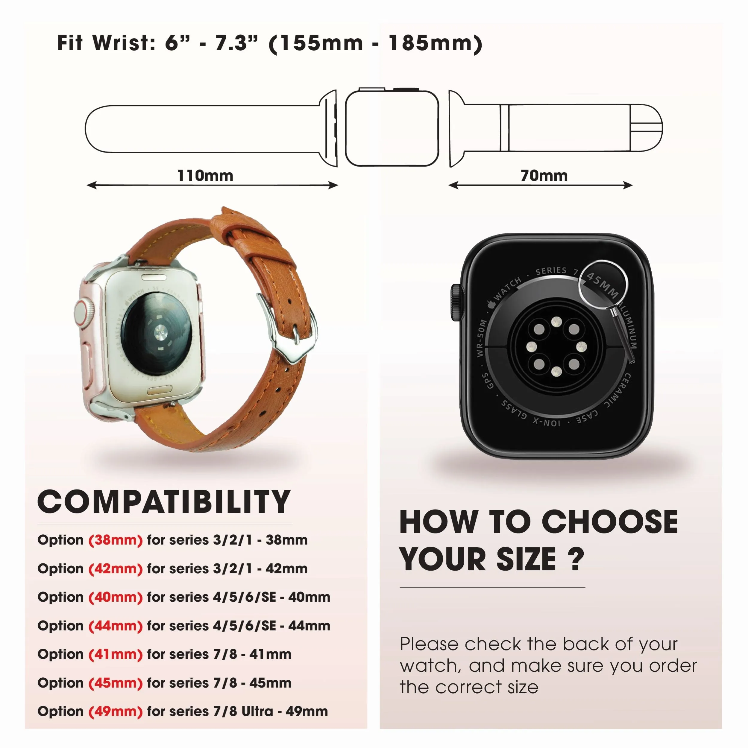 Light Brown Flat Ostrich Leather Band Compatible Apple Watch Iwatch 45mm Screen Protector Case Black Adapter Replacement Strap For Smartwatch Series 7 8 Leather Handmade AW-186B-W-45MM