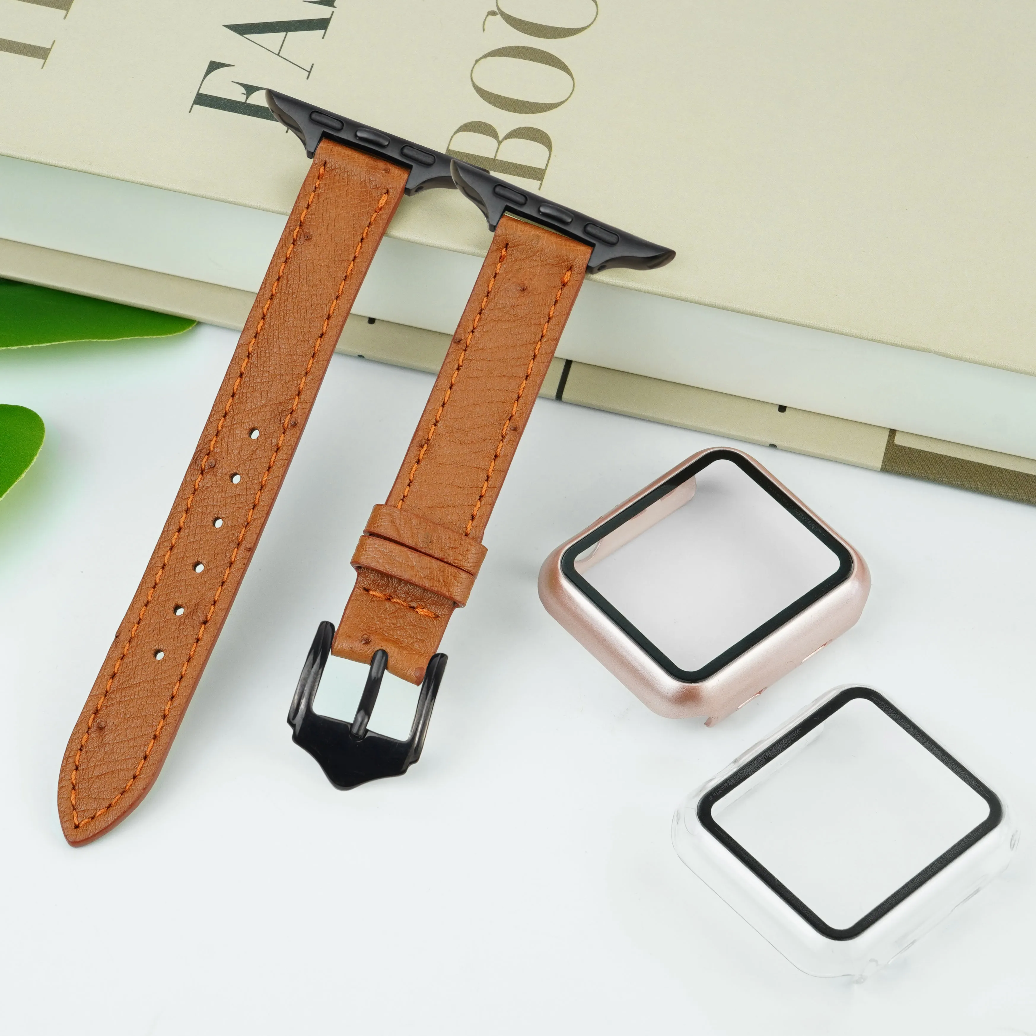 Light Brown Flat Ostrich Leather Band Compatible Apple Watch Iwatch 45mm Screen Protector Case Black Adapter Replacement Strap For Smartwatch Series 7 8 Leather Handmade AW-186B-W-45MM