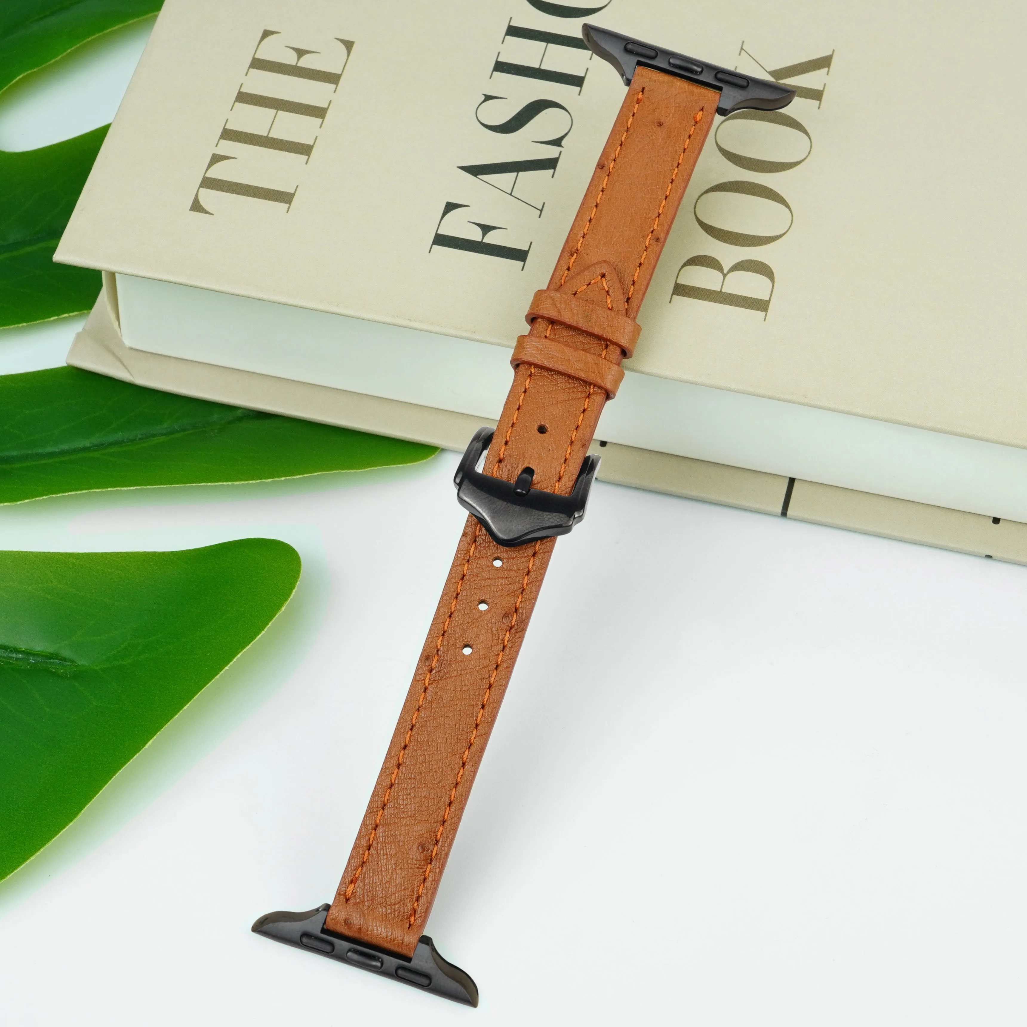 Light Brown Flat Ostrich Leather Band Compatible Apple Watch Iwatch 45mm Screen Protector Case Black Adapter Replacement Strap For Smartwatch Series 7 8 Leather Handmade AW-186B-W-45MM