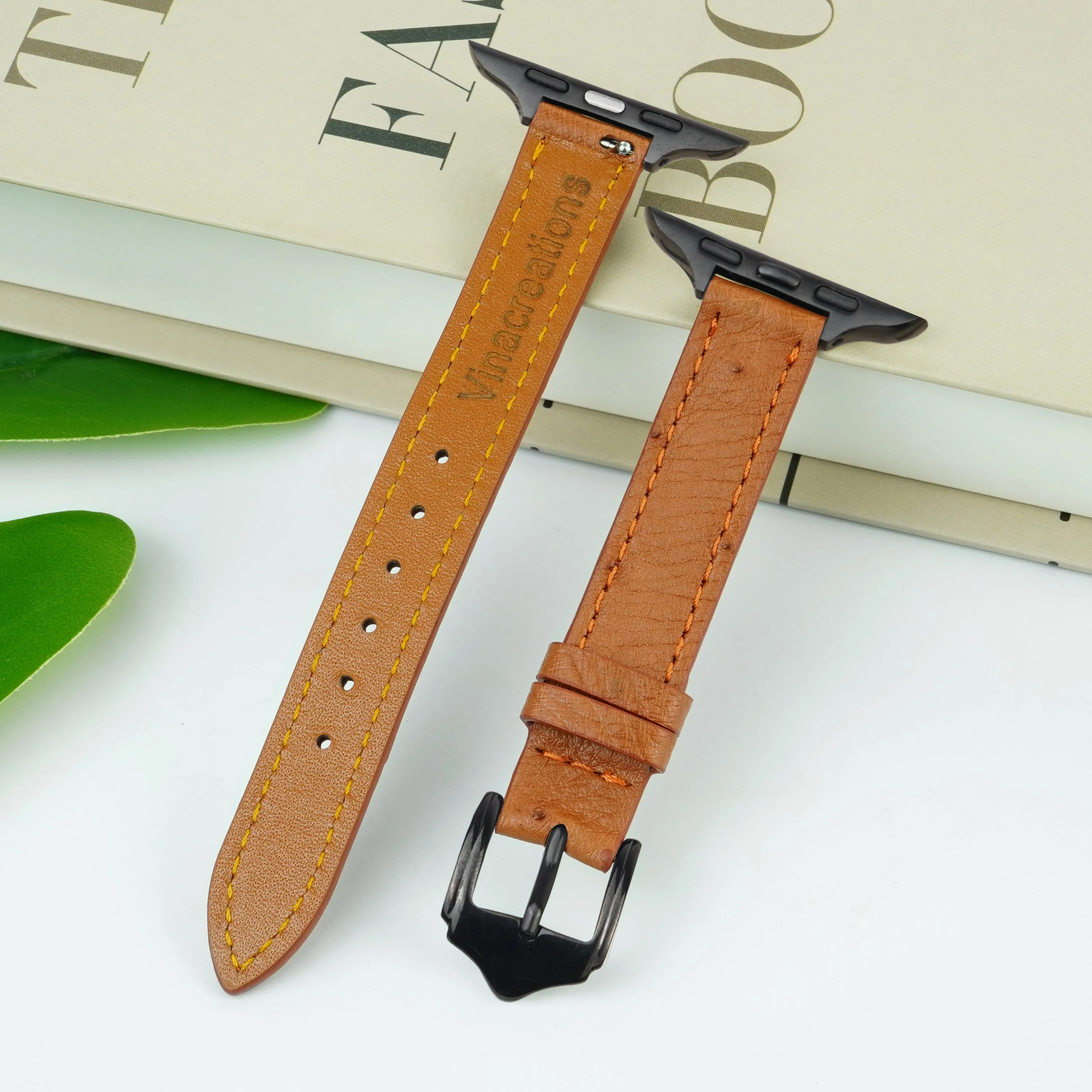 Light Brown Flat Ostrich Leather Band Compatible Apple Watch Iwatch 45mm Screen Protector Case Black Adapter Replacement Strap For Smartwatch Series 7 8 Leather Handmade AW-186B-W-45MM