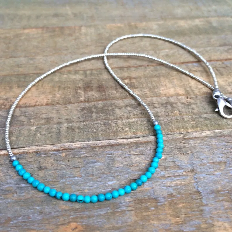 Minimalist Silver and Turquoise Necklace, Tiny Layering Necklace