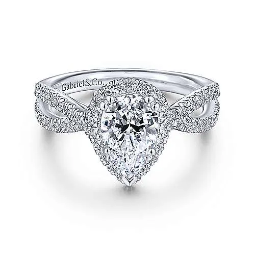 Mounting Only, 14K White Gold Pear Shape Halo Diamond Engagement Ring