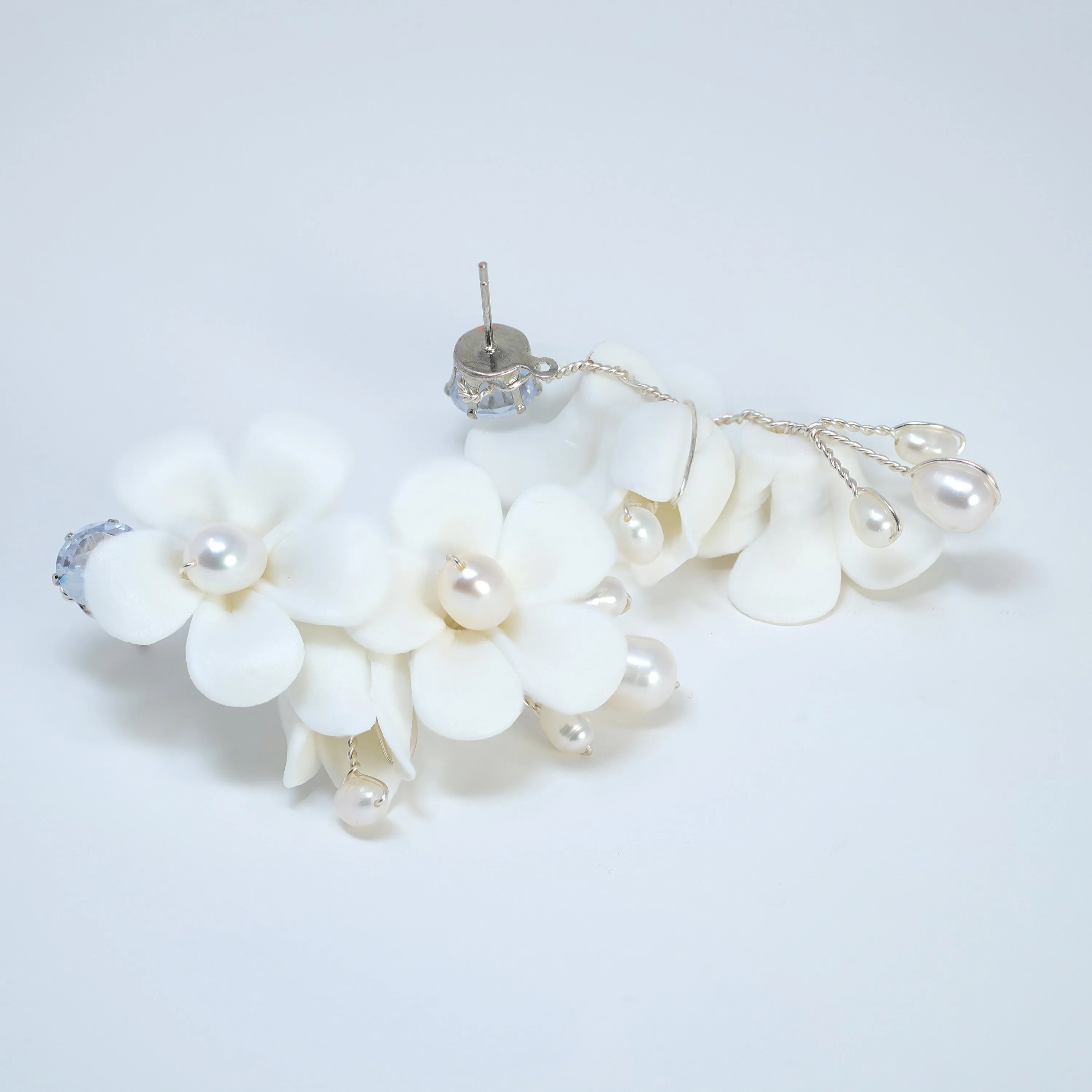 Natural Pearl Ray Of Shine Porcelain Comb, Ceramic White Flower Long Bridal Earrings Statement Earrings Cz