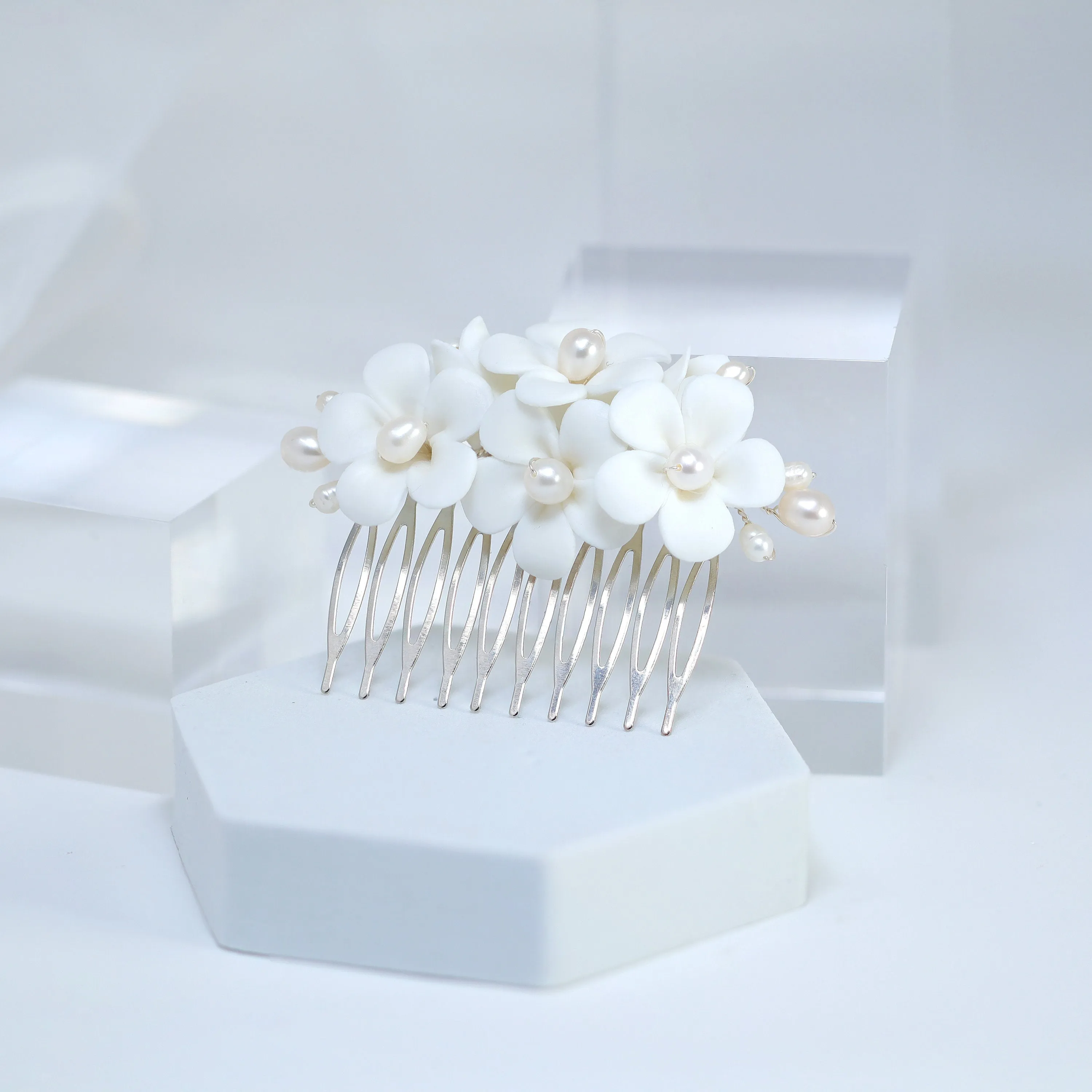 Natural Pearl Ray Of Shine Porcelain Comb, Ceramic White Flower Long Bridal Earrings Statement Earrings Cz
