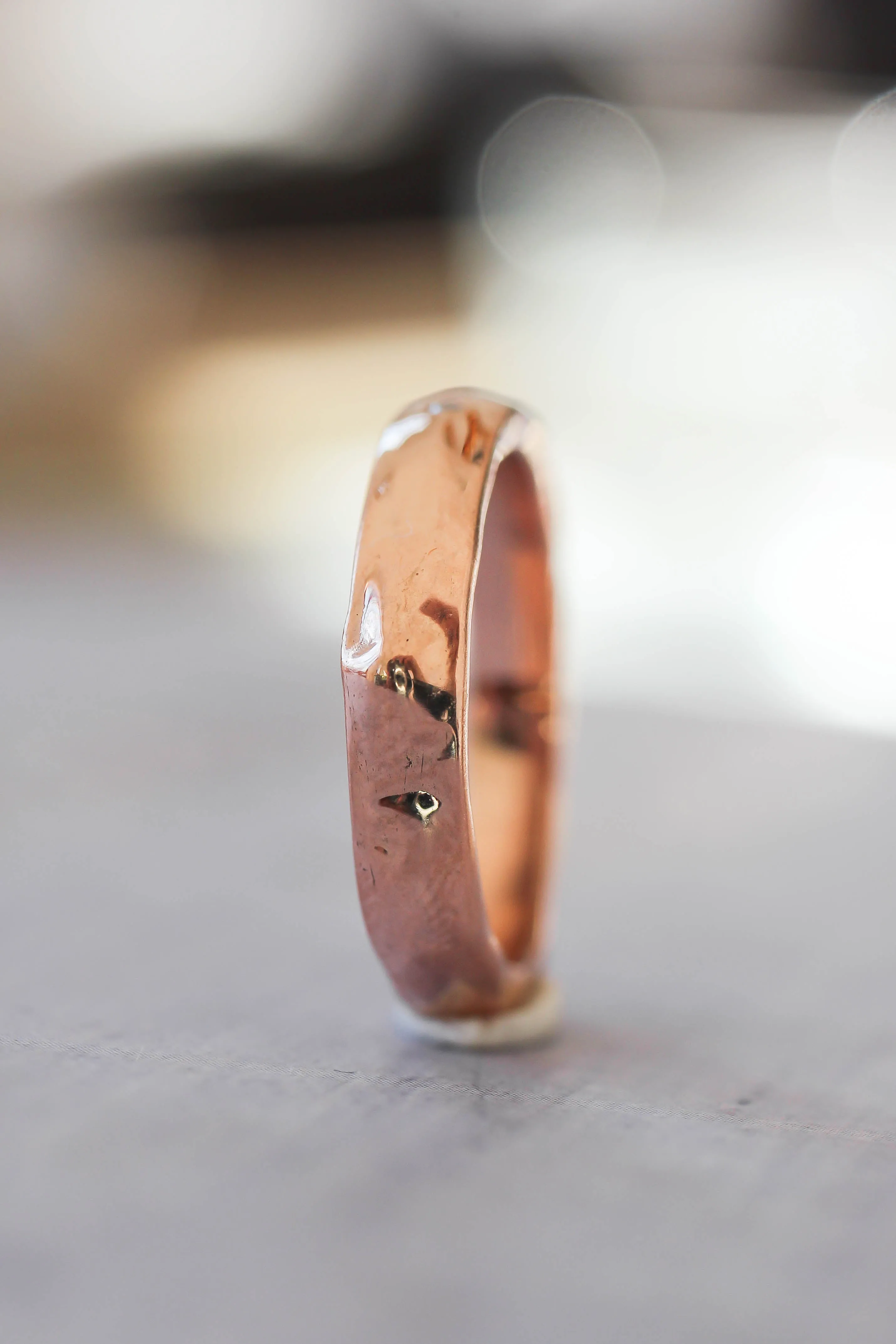 Organic wedding band with five diamonds, unisex ring