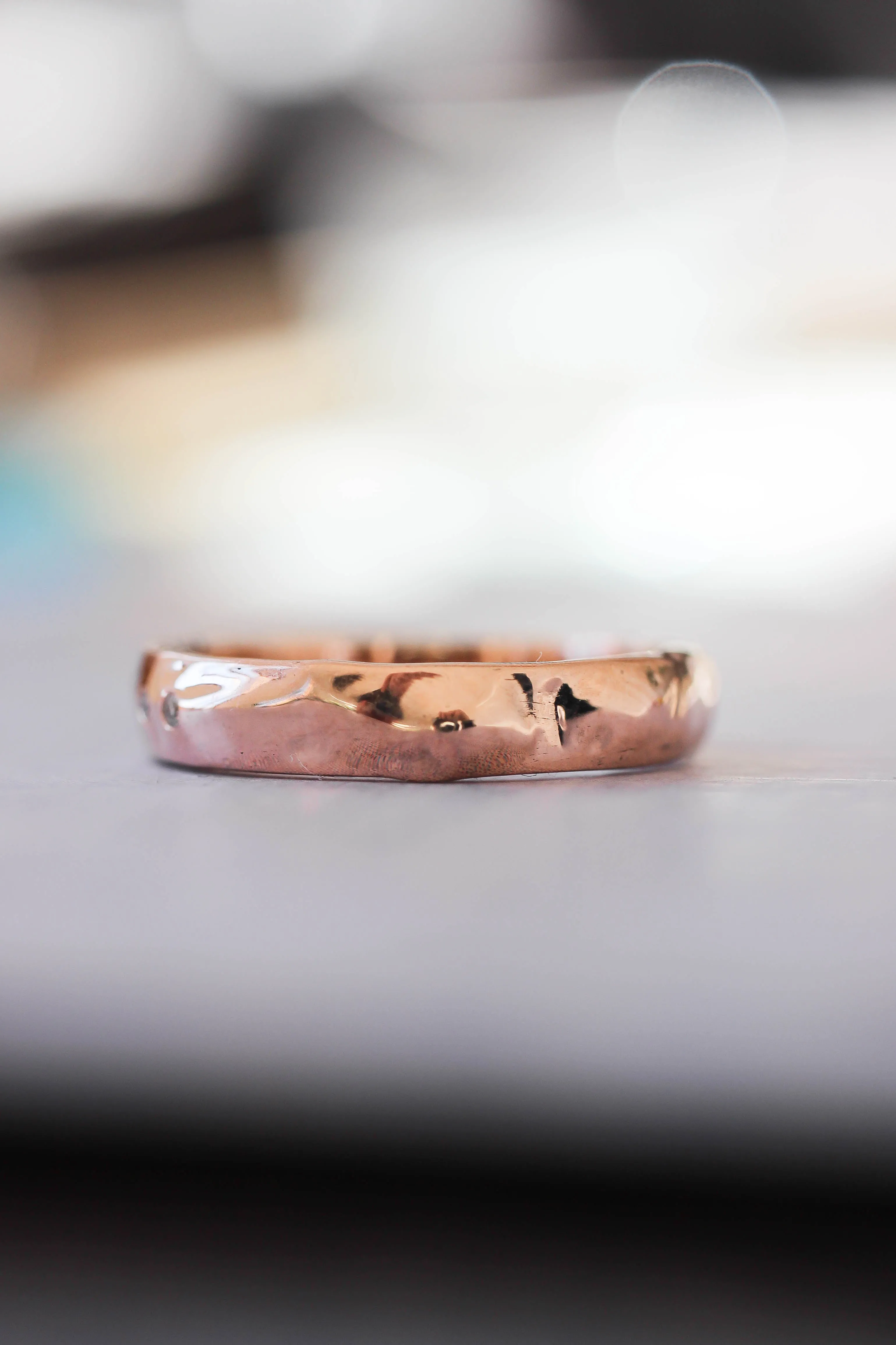 Organic wedding band with five diamonds, unisex ring