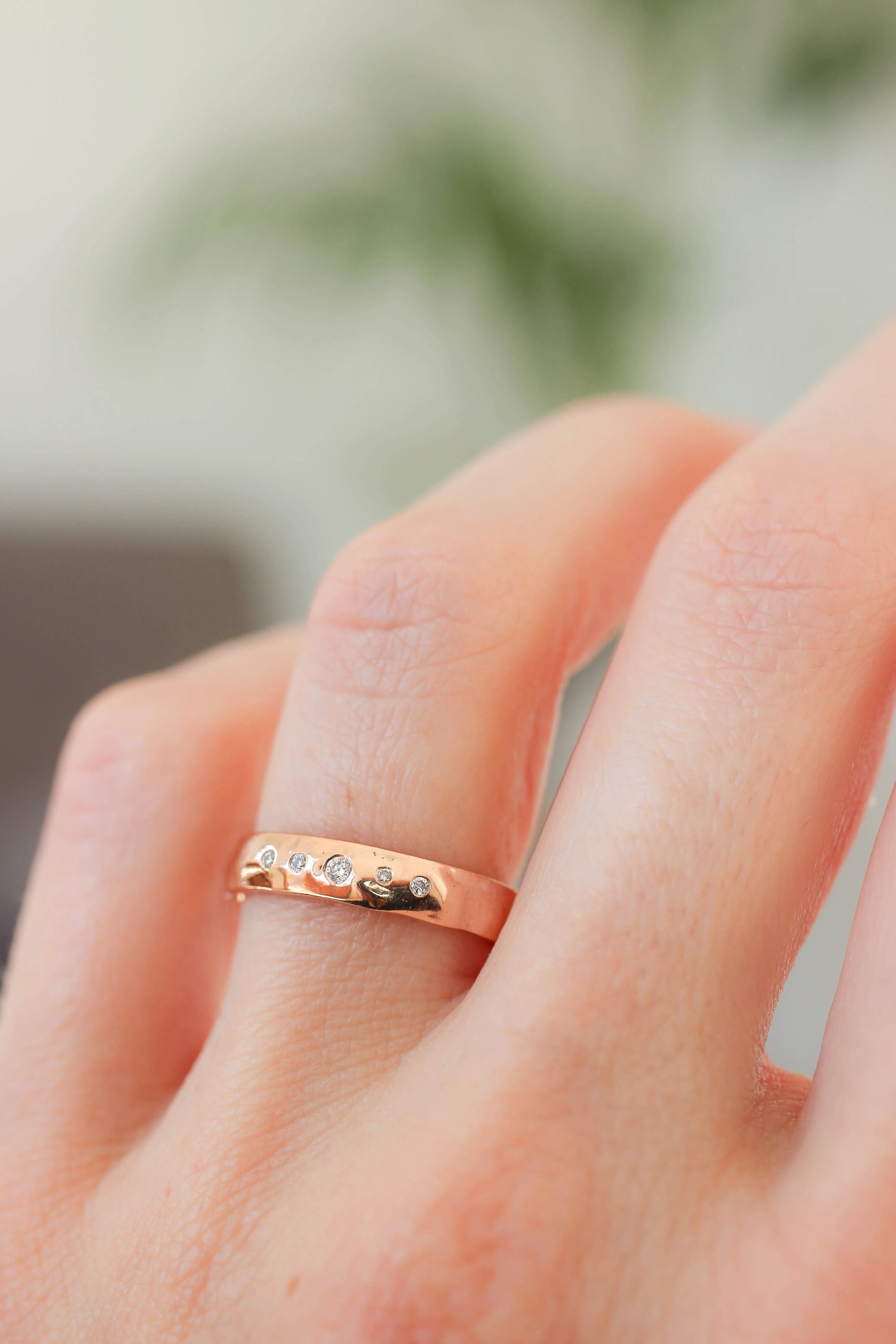 Organic wedding band with five diamonds, unisex ring