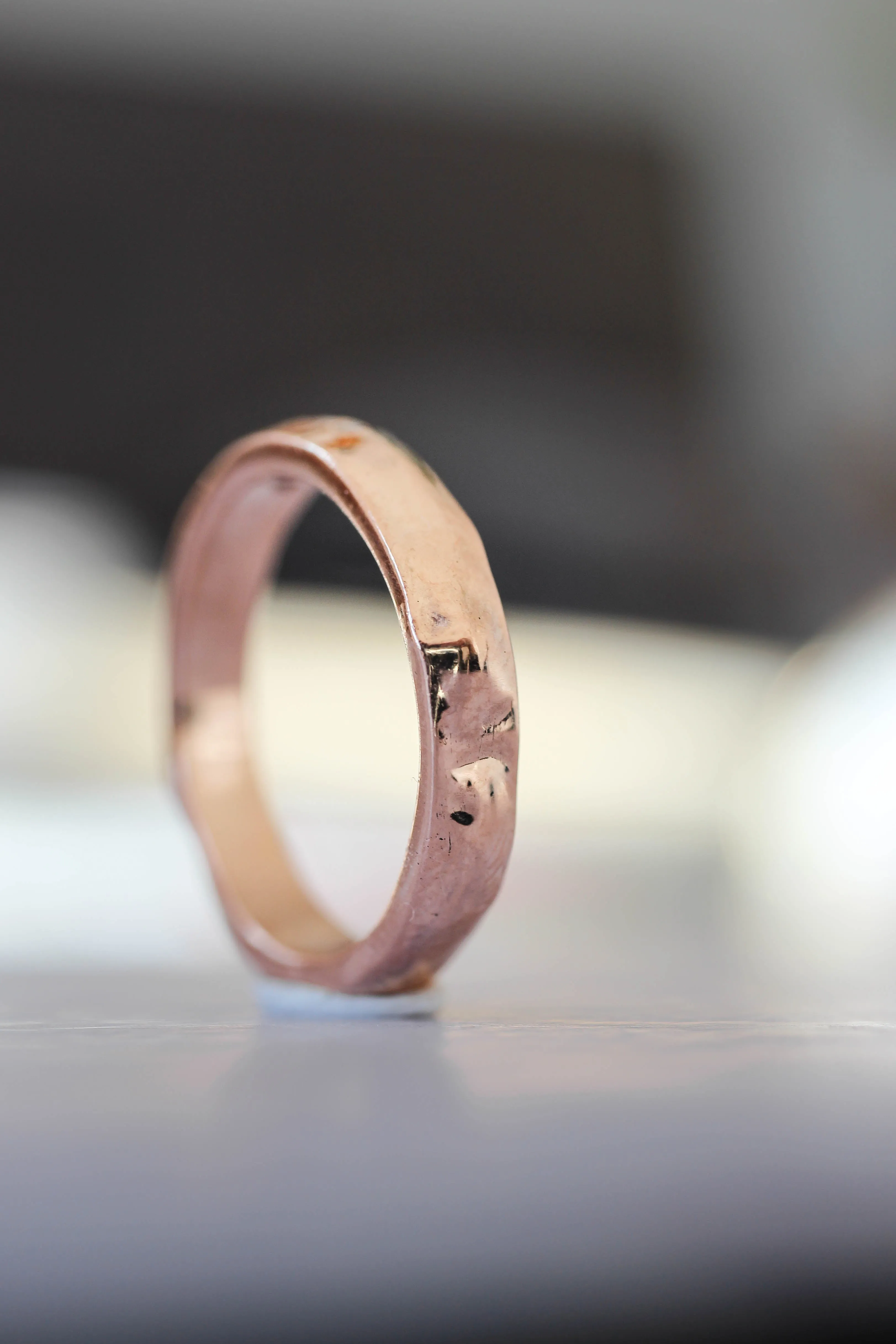 Organic wedding band with five diamonds, unisex ring