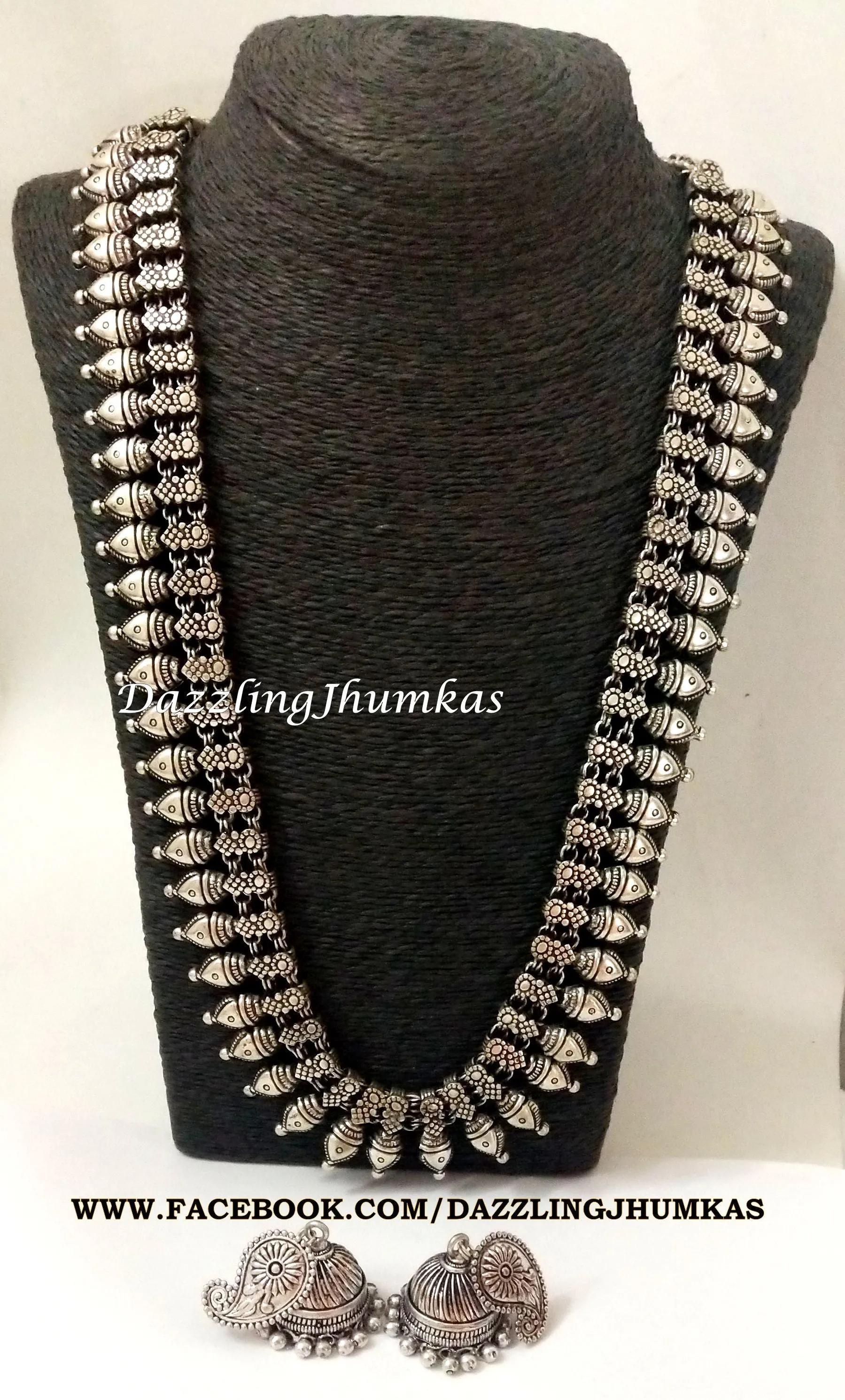 Oxidised German Silver Long haaram Necklace with Earrings Pattern 2 !
