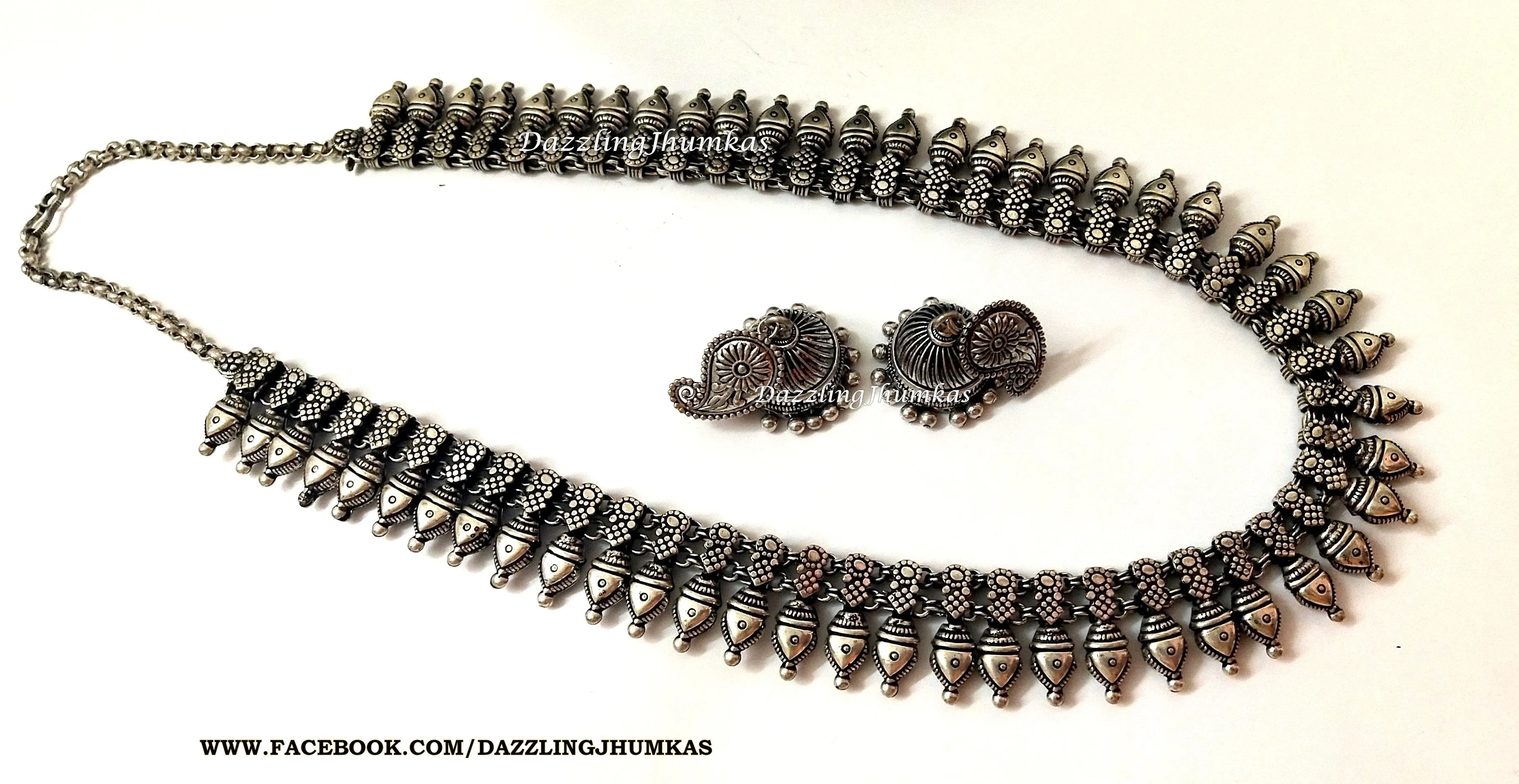 Oxidised German Silver Long haaram Necklace with Earrings Pattern 2 !
