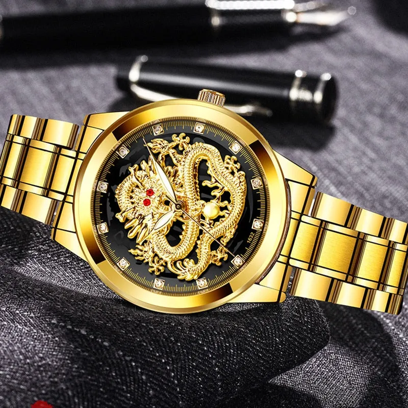Stainless Steel Created Diamond Dial Ruby Dragon Watch