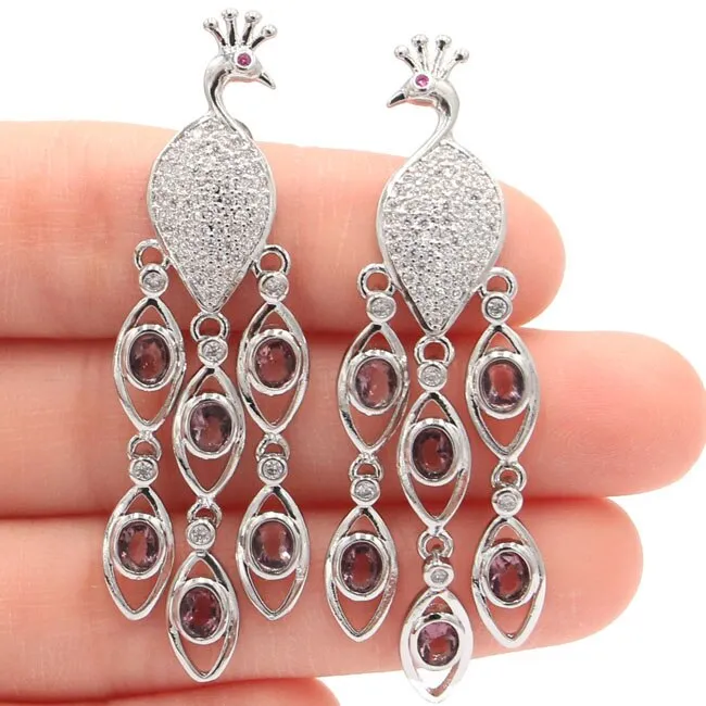 Sterling Silver Amethyst Tourmaline Big Peacock Earrings