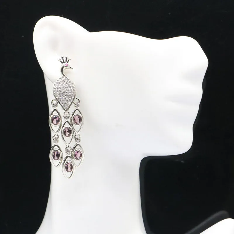 Sterling Silver Amethyst Tourmaline Big Peacock Earrings