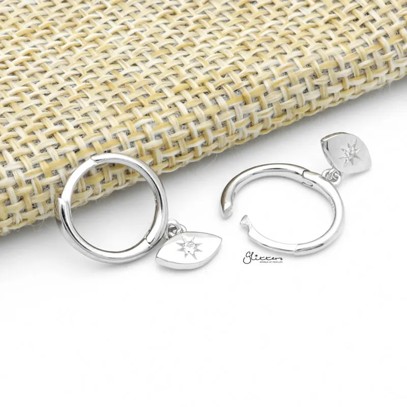Sterling Silver CZ Eye Shaped Charm Huggie Hoop Earrings - Silver