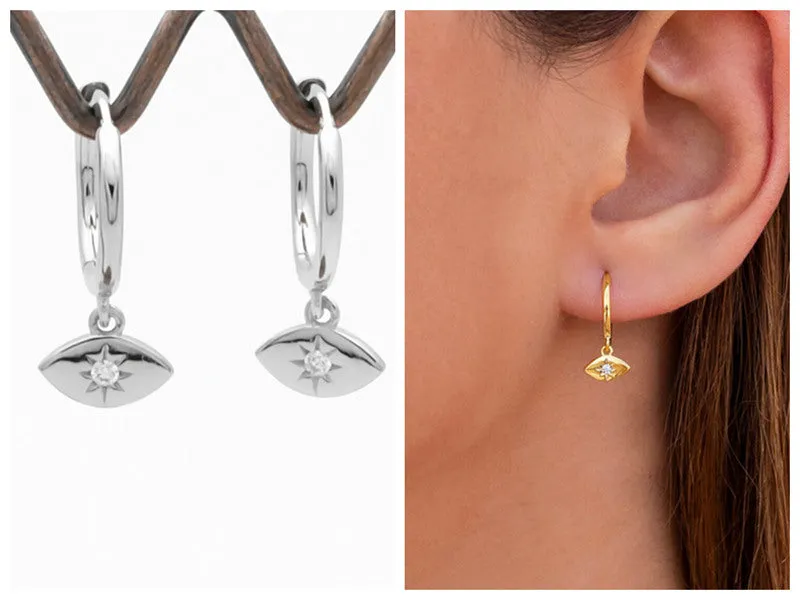 Sterling Silver CZ Eye Shaped Charm Huggie Hoop Earrings - Silver