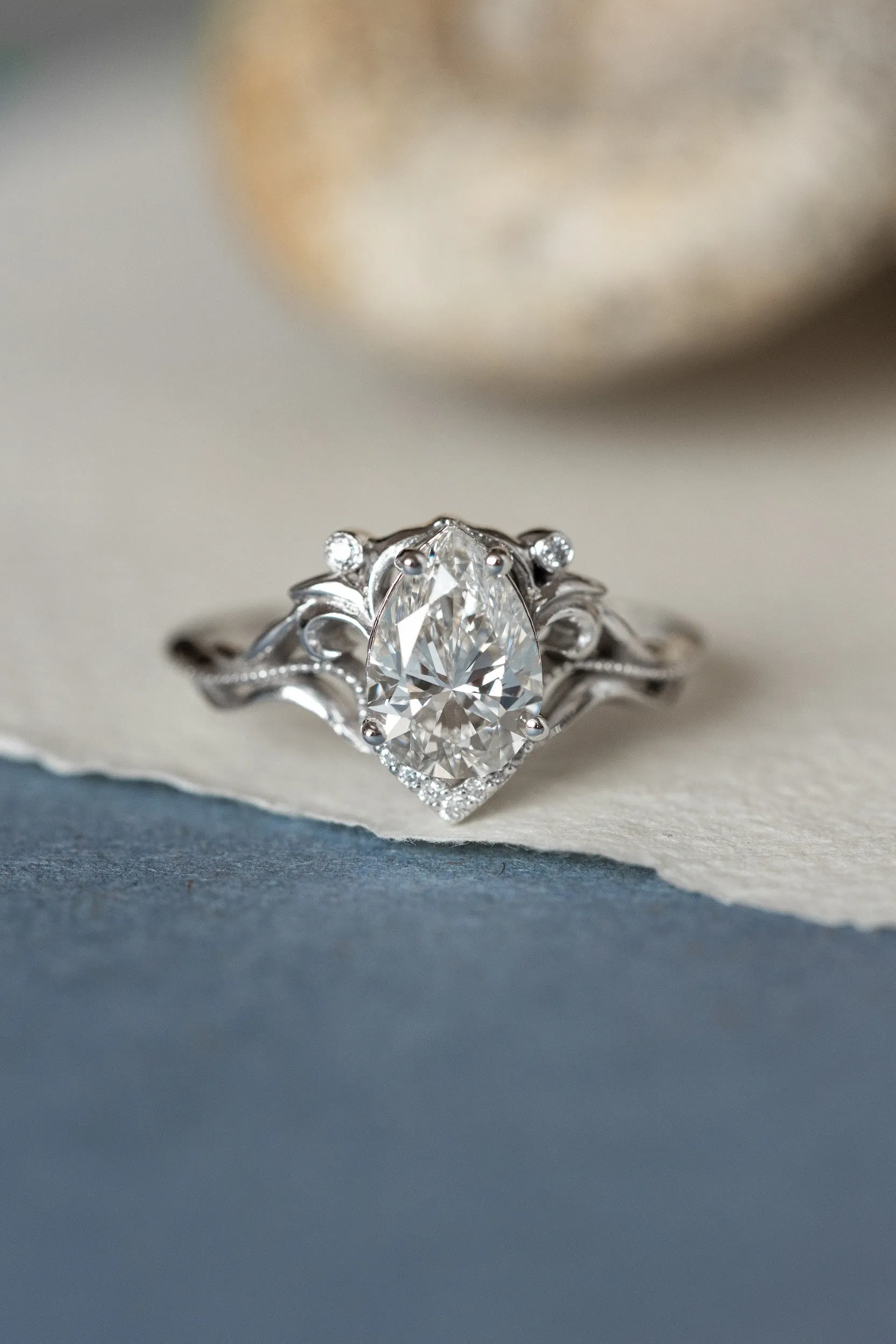 Teardrop lab grown diamond engagement ring, gold vintage inspired engagement ring / Lida small