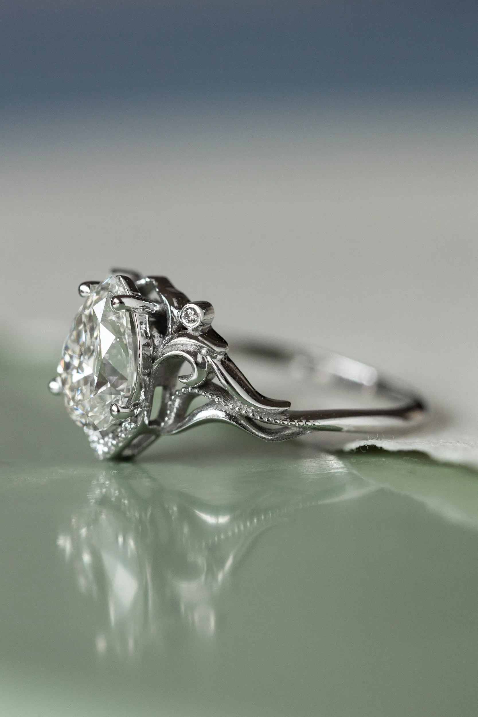 Teardrop lab grown diamond engagement ring, gold vintage inspired engagement ring / Lida small