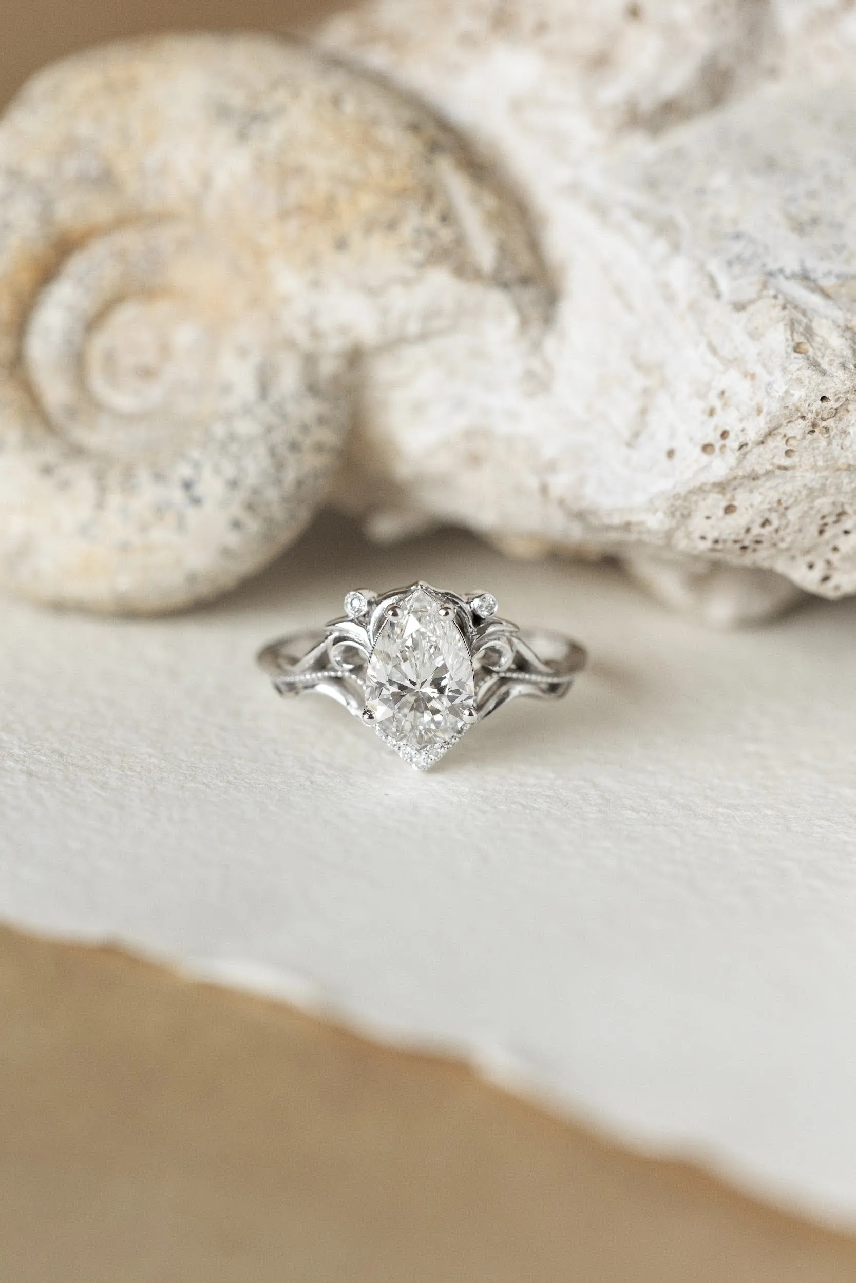 Teardrop lab grown diamond engagement ring, gold vintage inspired engagement ring / Lida small