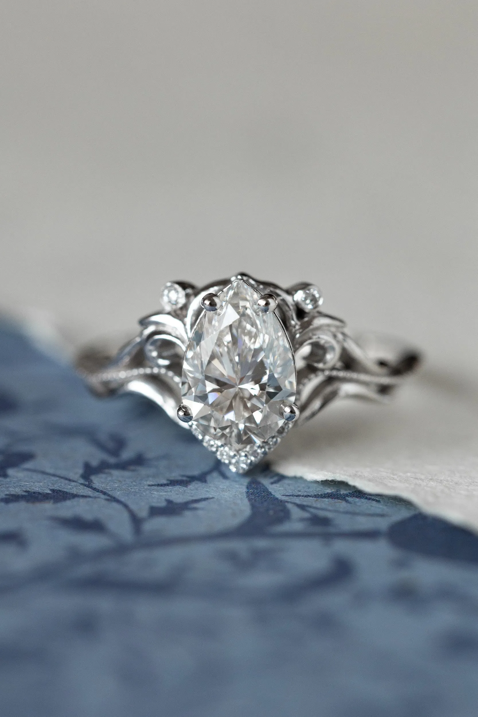 Teardrop lab grown diamond engagement ring, gold vintage inspired engagement ring / Lida small
