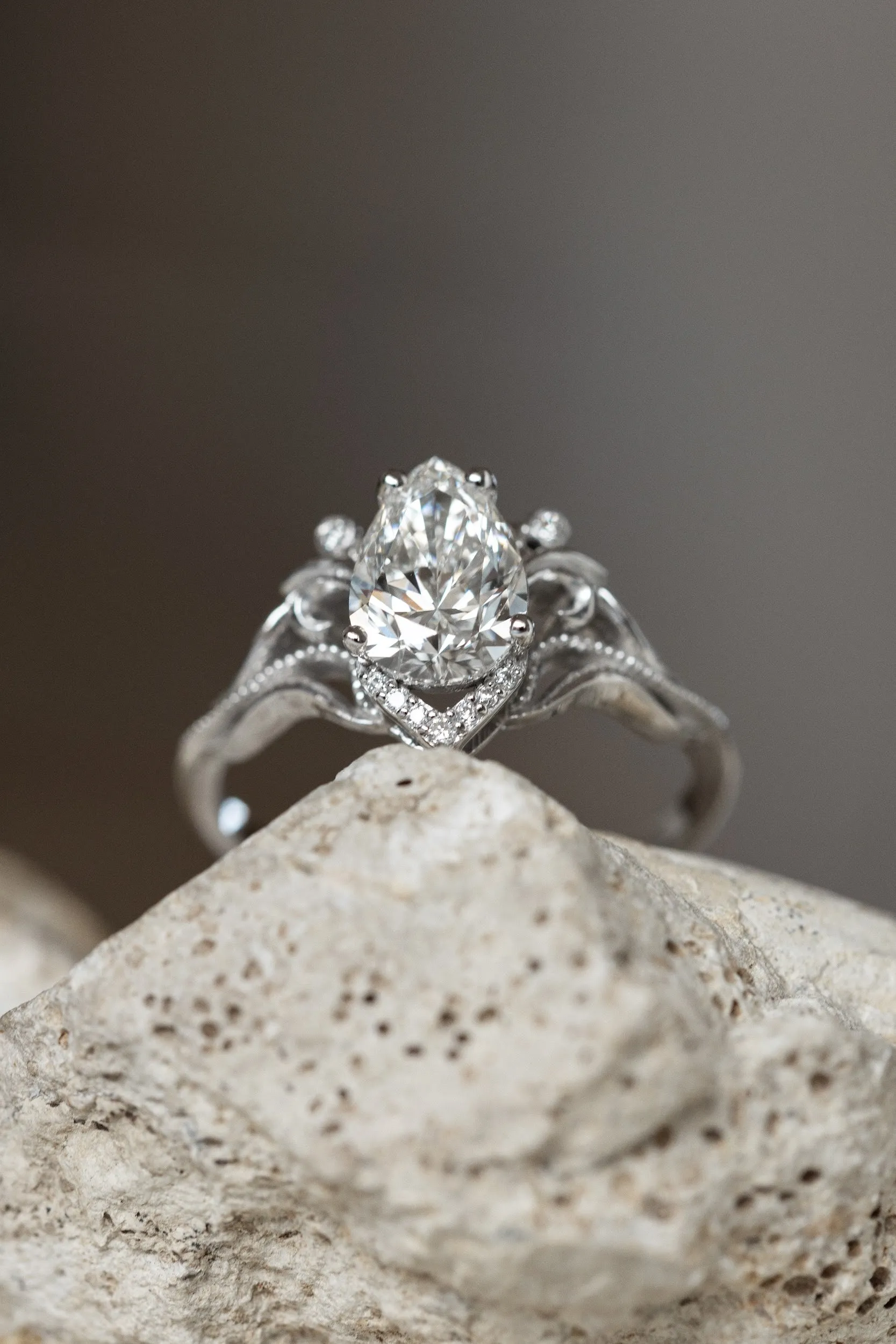 Teardrop lab grown diamond engagement ring, gold vintage inspired engagement ring / Lida small