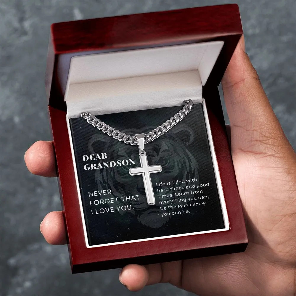 To Grandson Gift Encouragement From Grandparents, be the Man I know you can be, Stainless Steel Cross Pendant Cuban Chain Necklace