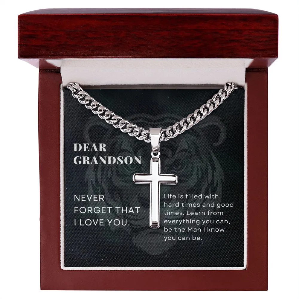 To Grandson Gift Encouragement From Grandparents, be the Man I know you can be, Stainless Steel Cross Pendant Cuban Chain Necklace