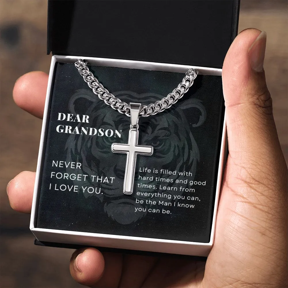 To Grandson Gift Encouragement From Grandparents, be the Man I know you can be, Stainless Steel Cross Pendant Cuban Chain Necklace